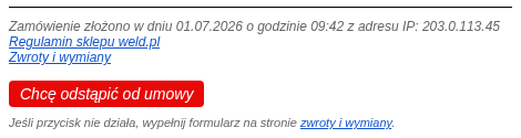 Dół maila z potwierdzeniem zamówienia z czerwonym przyciskiem 'Chcę odstąpić od umowy'